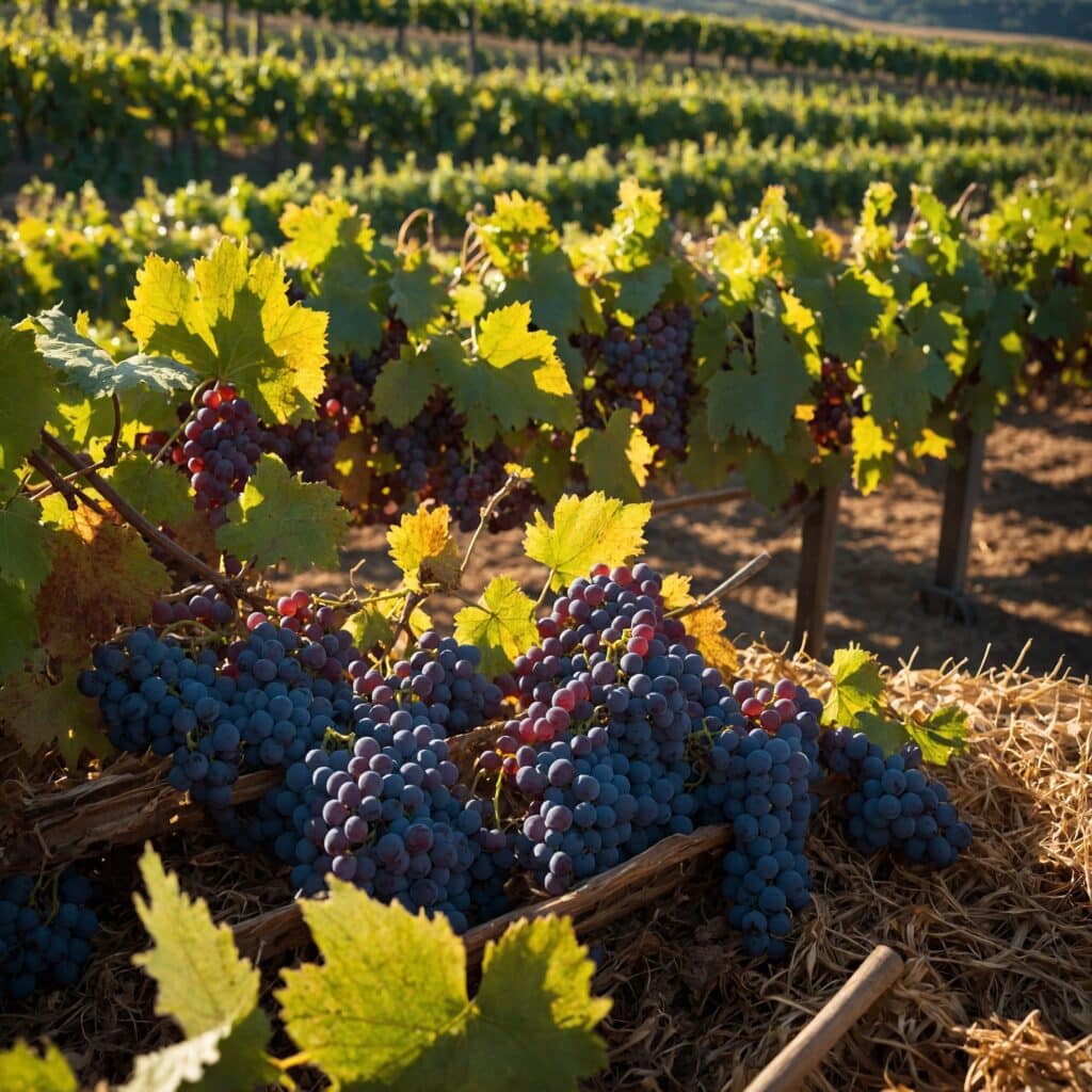 Raisins mûrs dans un vignoble, illustrant le processus des vendanges en pleine saison.