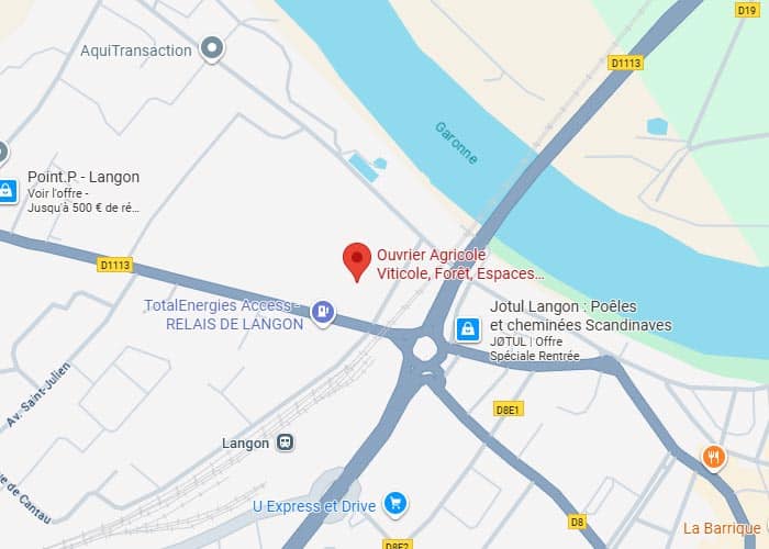 Carte Google Maps de Langon, Gironde. Repère rouge 'Ouvrier Agricole Viticole' près de la Garonne, D1113, TotalEnergies et Jotul.
